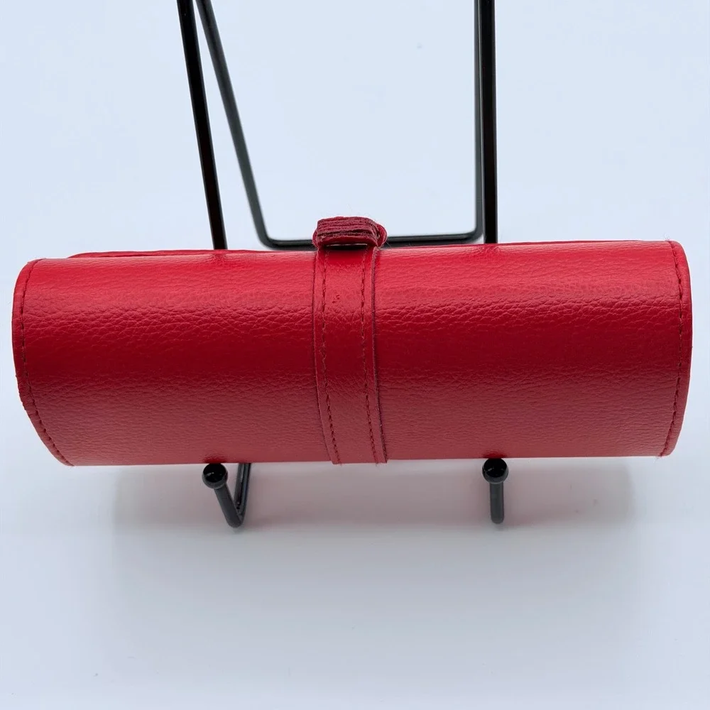 Red Faux Leather Jewely Roll Hard Shell Travel Organizer Case Velvet Interior